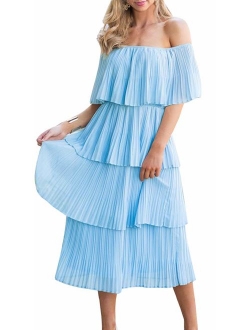 ETCYY Women's Off The Shoulder Ruffles Summer Loose Casual Chiffon Long Party Beach Maxi Dress