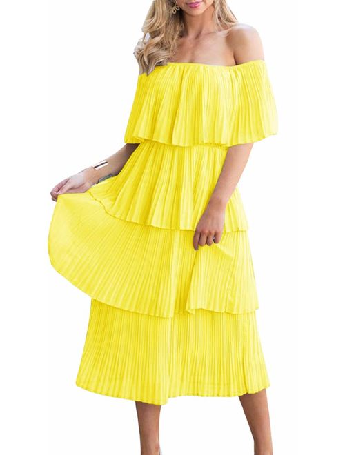 ETCYY Women's Off The Shoulder Ruffles Summer Loose Casual Chiffon Long Party Beach Maxi Dress