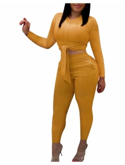 Remelon Womens Short Sleeve Ribbed Tie Up Crop Top Pockets Loose Long Pants Set 2 Piece Outfits Jumpsuits