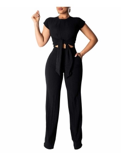 Remelon Womens Short Sleeve Ribbed Tie Up Crop Top Pockets Loose Long Pants Set 2 Piece Outfits Jumpsuits