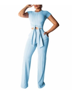 Remelon Womens Short Sleeve Ribbed Tie Up Crop Top Pockets Loose Long Pants Set 2 Piece Outfits Jumpsuits