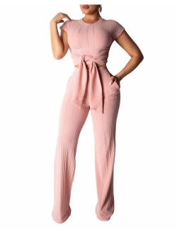 Remelon Womens Short Sleeve Ribbed Tie Up Crop Top Pockets Loose Long Pants Set 2 Piece Outfits Jumpsuits