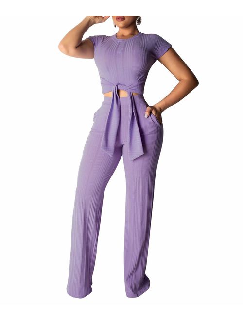 Remelon Womens Short Sleeve Ribbed Tie Up Crop Top Pockets Loose Long Pants Set 2 Piece Outfits Jumpsuits