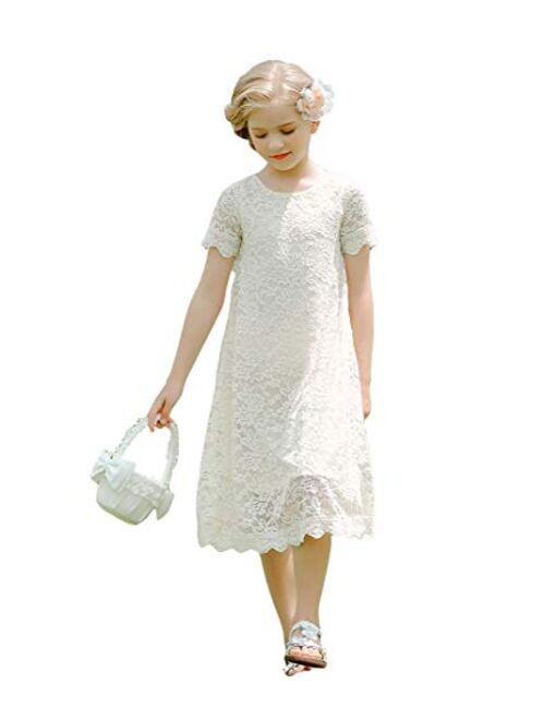 Bow Dream Short Lace Flower Girl Dress with Illusion Sleeves