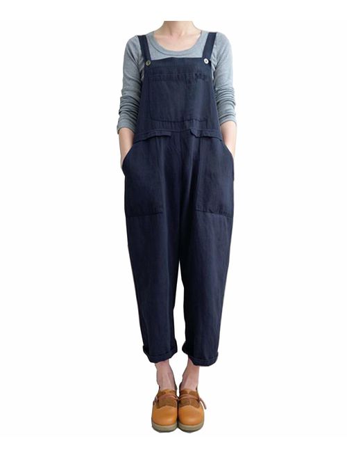 Aedvoouer Women's Baggy Plus Size Overalls Cotton Linen Jumpsuits Wide Leg Harem Pants Casual Rompers