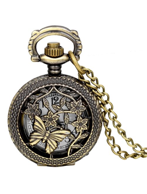 JewelryWe Retro Design Bronze Butterfly Flower Openwork Cover Pocket Quartz Watch with 31.5 Inch Chain