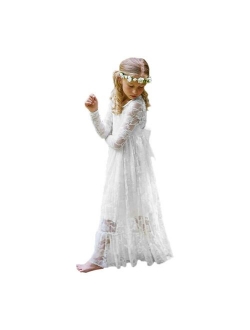 Fancy Ivory White Lace Flower Girl Dress Boho Rustic First Communion Gowns