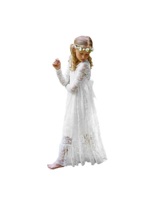 Fancy Ivory White Lace Flower Girl Dress Boho Rustic First Communion Gowns