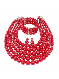 KOSMOS-LI Multi Layer Pearl Strand Costume Jewelry Sets