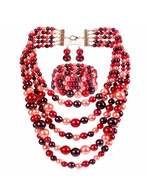 KOSMOS-LI Multi Layer Pearl Strand Costume Jewelry Sets