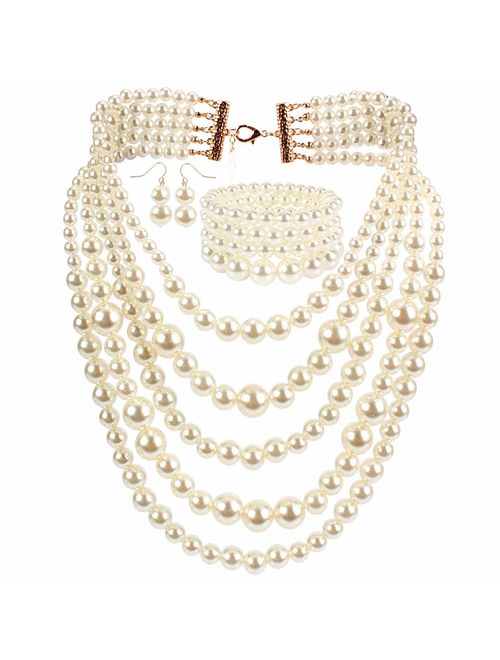 KOSMOS-LI Multi Layer Pearl Strand Costume Jewelry Sets