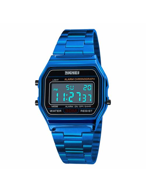 Classic Unisex Women's Men's Digital Multifunction Sports Watch Stainless Steel Band Square Waterproof Electronic Led Watch