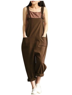 Yeokou Women's Linen Wide Leg Jumpsuit Rompers Overalls Harem Pants Plus Size