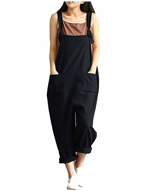 Yeokou Women's Linen Wide Leg Jumpsuit Rompers Overalls Harem Pants Plus Size