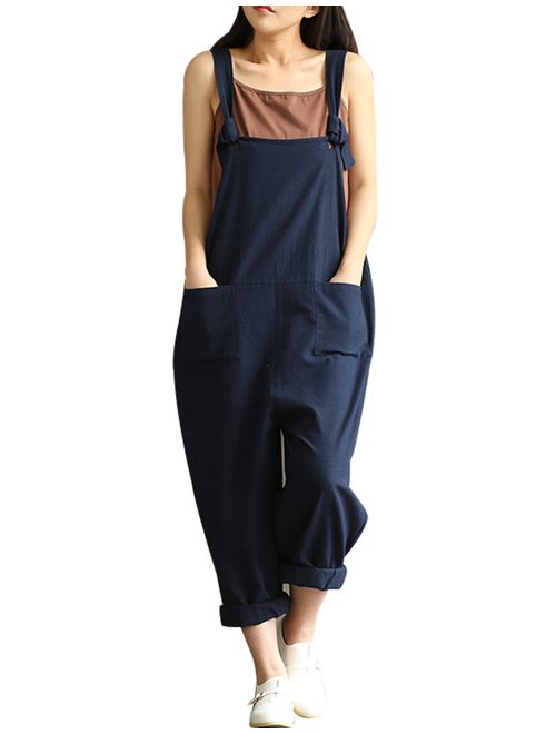 Yeokou Women's Linen Wide Leg Jumpsuit Rompers Overalls Harem Pants Plus Size