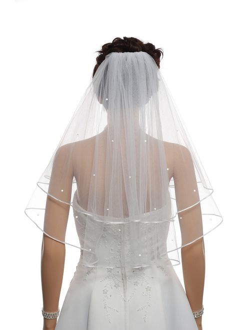 SAMKY 2T 2 Tier 1/8" Ribbon Edge Center Gathered Rhinestone Crystal Bridal Veil