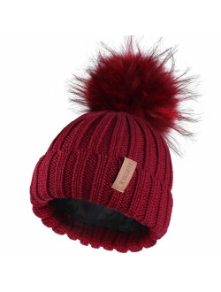 Kids Winter Knitted Pom Beanie Bobble Hat Cotton Lined Faux Fur Ball Pom Pom Cap Unisex Kids Beanie Hat