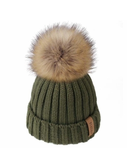 Kids Winter Knitted Pom Beanie Bobble Hat Cotton Lined Faux Fur Ball Pom Pom Cap Unisex Kids Beanie Hat