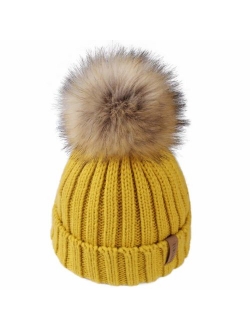 Kids Winter Knitted Pom Beanie Bobble Hat Cotton Lined Faux Fur Ball Pom Pom Cap Unisex Kids Beanie Hat