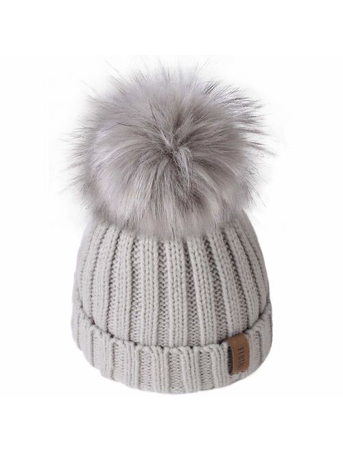 Kids Winter Knitted Pom Beanie Bobble Hat Cotton Lined Faux Fur Ball Pom Pom Cap Unisex Kids Beanie Hat