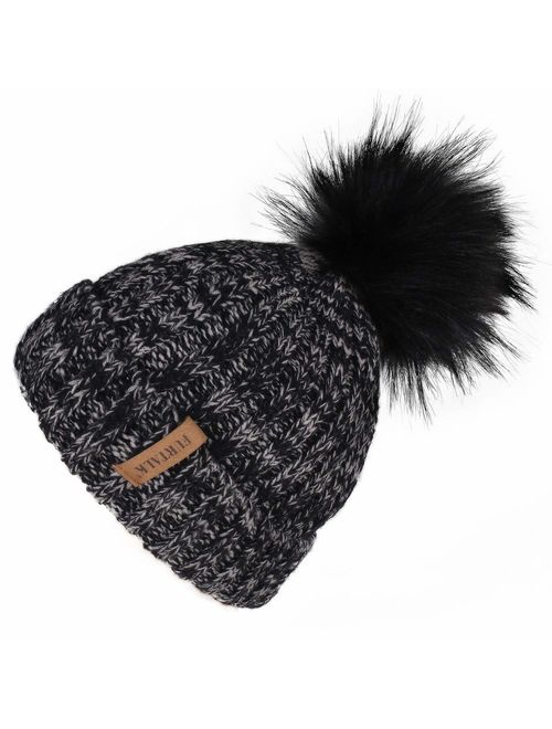 Kids Winter Knitted Pom Beanie Bobble Hat Cotton Lined Faux Fur Ball Pom Pom Cap Unisex Kids Beanie Hat