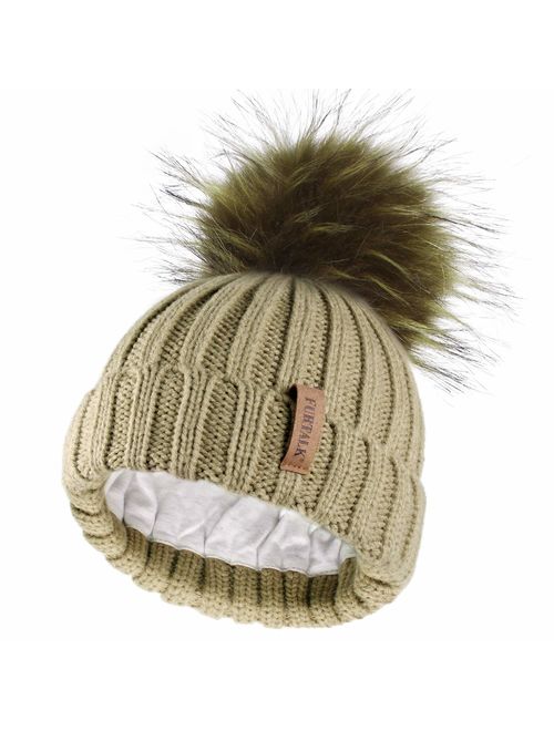 Kids Winter Knitted Pom Beanie Bobble Hat Cotton Lined Faux Fur Ball Pom Pom Cap Unisex Kids Beanie Hat