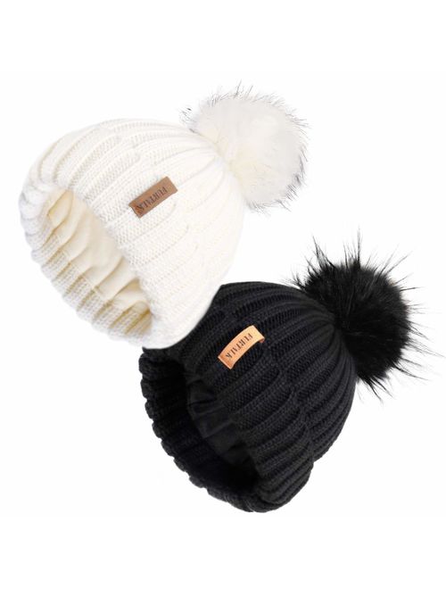 Kids Winter Knitted Pom Beanie Bobble Hat Cotton Lined Faux Fur Ball Pom Pom Cap Unisex Kids Beanie Hat