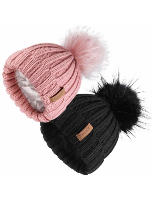 Kids Winter Knitted Pom Beanie Bobble Hat Cotton Lined Faux Fur Ball Pom Pom Cap Unisex Kids Beanie Hat