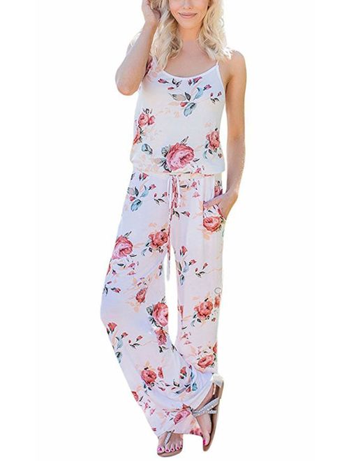 ZIUMUDY Women's Spaghetti Strap Floral Print Sleeveless Summer Beach Jumpsuits Rompers