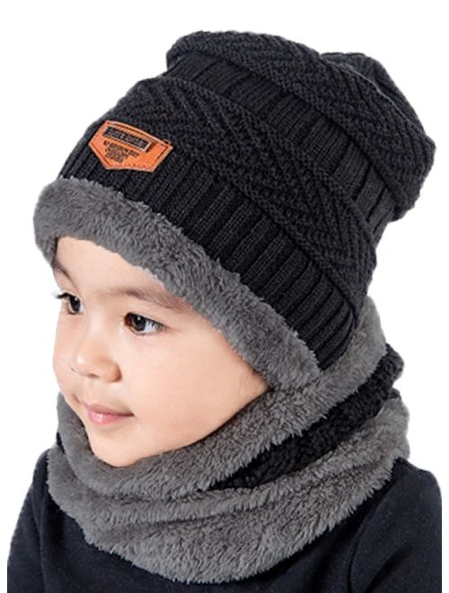 T WILKER 2Pcs Kids Winter Knitted Hats+Scarf Set Warm Fleece Lining Cap 