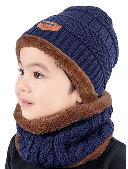 T WILKER 2Pcs Kids Winter Knitted Hats+Scarf Set Warm Fleece Lining Cap 