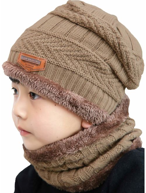 T WILKER 2Pcs Kids Winter Knitted Hats+Scarf Set Warm Fleece Lining Cap 