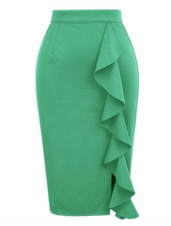 Women's Ruffle Bodycon Knee Length Midi Pencil Skirt