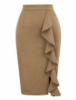 Women's Ruffle Bodycon Knee Length Midi Pencil Skirt