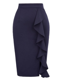 Women's Ruffle Bodycon Knee Length Midi Pencil Skirt