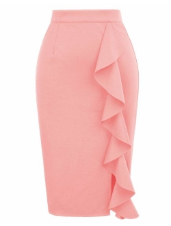 Women's Ruffle Bodycon Knee Length Midi Pencil Skirt