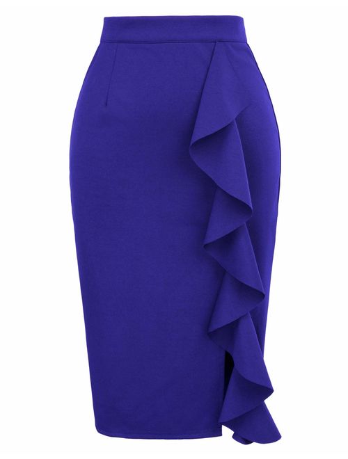 GRACE KARIN Women's Ruffle Bodycon Knee Length Midi Pencil Skirt