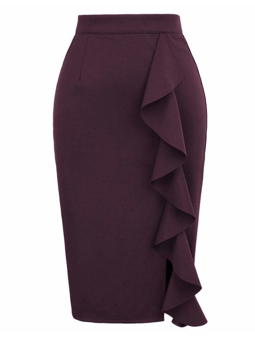 GRACE KARIN Women's Ruffle Bodycon Knee Length Midi Pencil Skirt