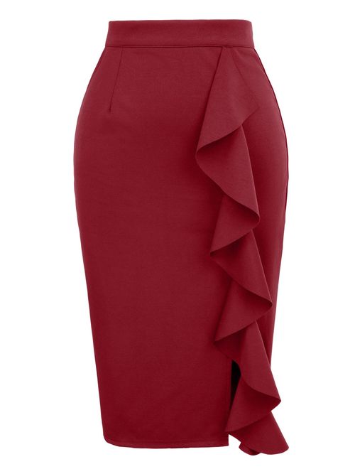 GRACE KARIN Women's Ruffle Bodycon Knee Length Midi Pencil Skirt