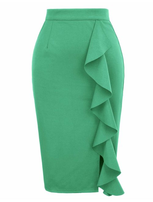 GRACE KARIN Women's Ruffle Bodycon Knee Length Midi Pencil Skirt