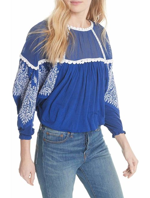 Free People Womens Embroidered Mesh Inset Blouse