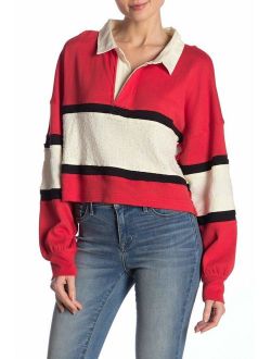Party Polo Oversized Cropped Long Sleeve Shirt in Red Combo Size Small