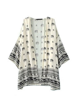 Relipop Women's Sheer Chiffon Blouse Loose Tops Kimono Floral Print Cardigan