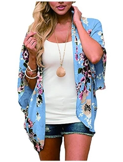 Relipop Women's Sheer Chiffon Blouse Loose Tops Kimono Floral Print Cardigan