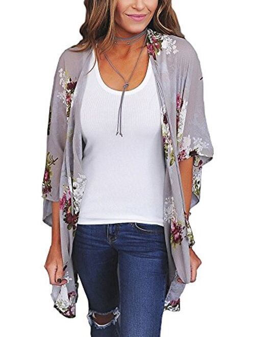 Relipop Women's Sheer Chiffon Blouse Loose Tops Kimono Floral Print Cardigan