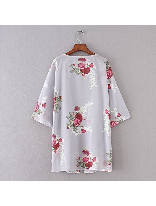 Relipop Women's Sheer Chiffon Blouse Loose Tops Kimono Floral Print Cardigan