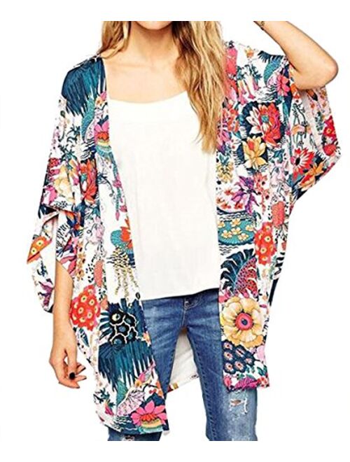 Relipop Women's Sheer Chiffon Blouse Loose Tops Kimono Floral Print Cardigan