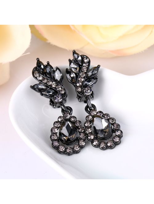 EleQueen Women's Austrian Crystal Art Deco Tear Drop Dangle Earrings Clip-on