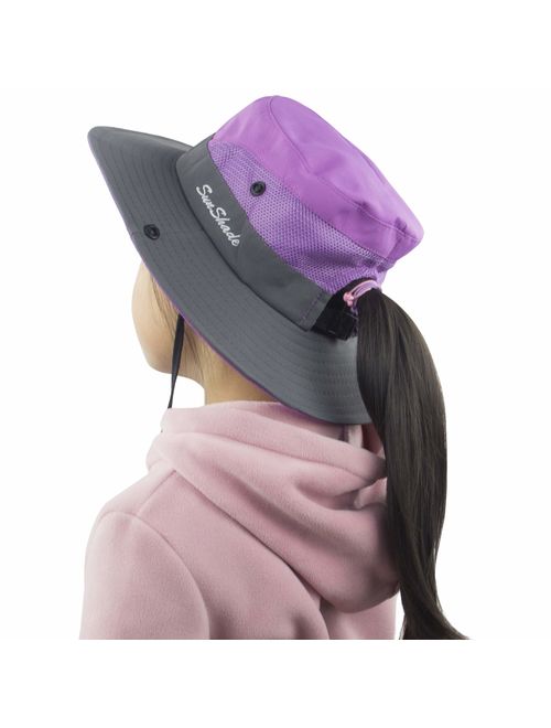 Muryobao Kids Girls Ponytail Summer Sun Hat Wide Brim UV Protection Bucket Cap