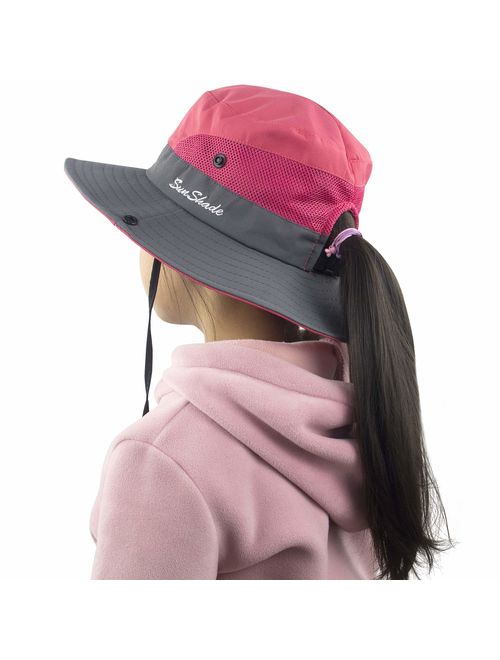 Muryobao Kids Girls Ponytail Summer Sun Hat Wide Brim UV Protection Bucket Cap